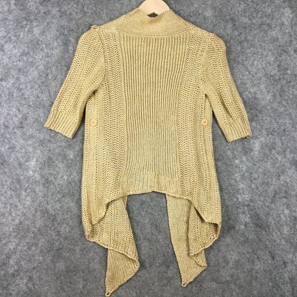 Anthropologie Moth Cardigan XS Sweater Gold Metallic Knit Wrap Around Career - Picture 9 of 14